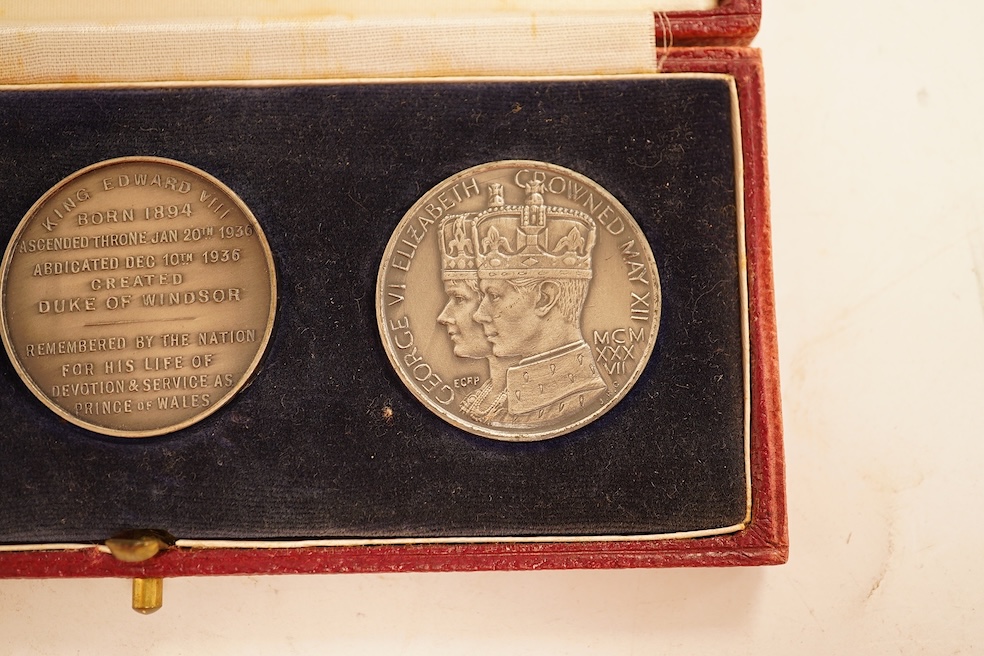 British Royal commemorative Medals, a set of three fantasy medals commemorating the silver jubilee of George V and Mary, coronation of Edward VIII and coronation of George VI and Elizabeth, cased